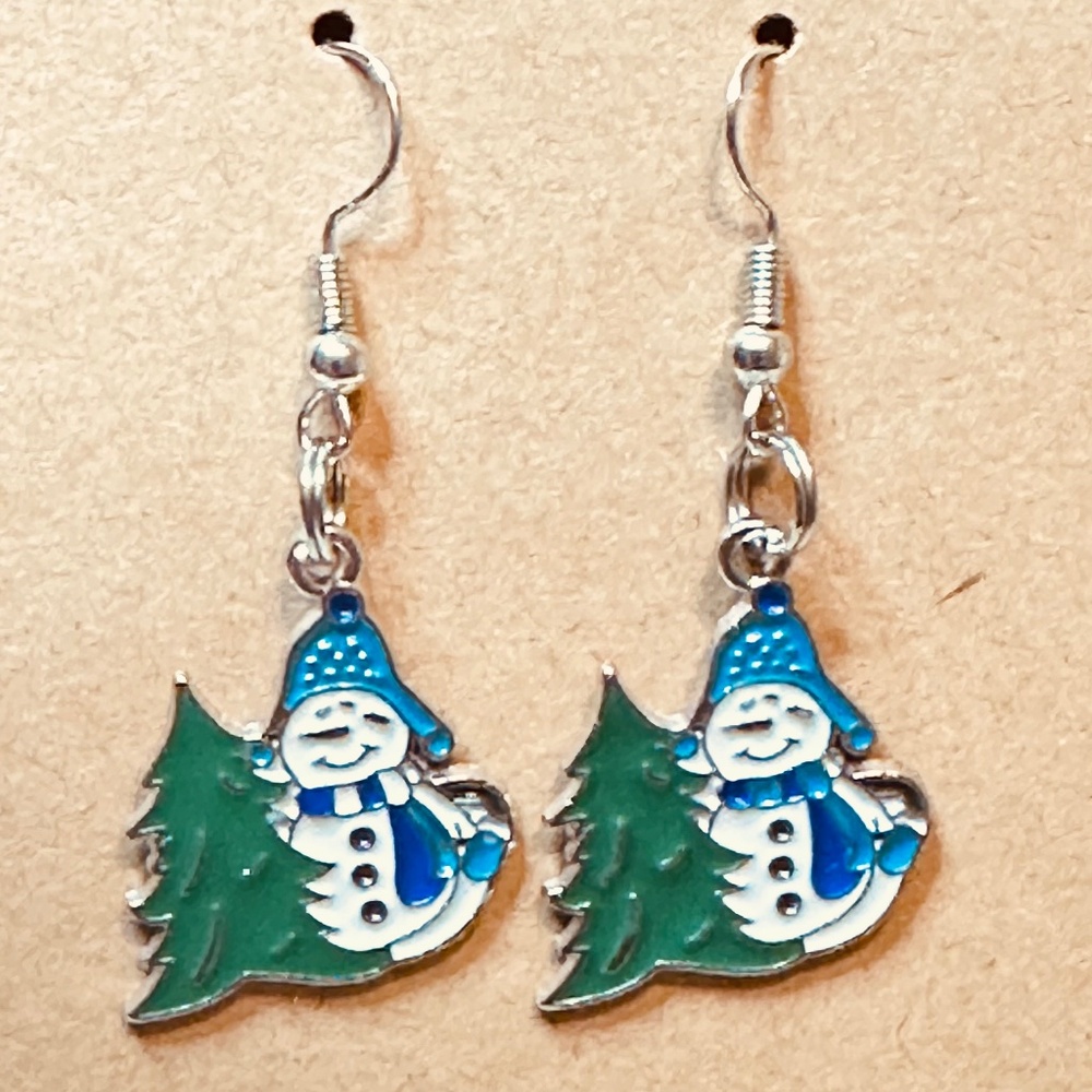 Handmade Snowman Christmas Tree Earrings Enamel Winter Stainless Steel Hooks